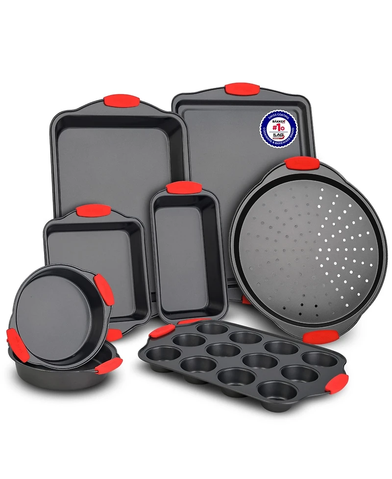 Baking Set – 10 Piece Kitchen Oven Bakeware Set – Deluxe Non-Stick Blue Coating Inside and Outside – Carbon Steel – Red Si