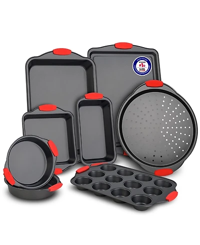 Baking Set – 10 Piece Kitchen Oven Bakeware Set – Deluxe Non-Stick Blue Coating Inside and Outside – Carbon Steel – Red Si