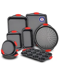 Baking Set – 10 Piece Kitchen Oven Bakeware Set – Deluxe Non-Stick Blue Coating Inside and Outside – Carbon Steel – Red Si
