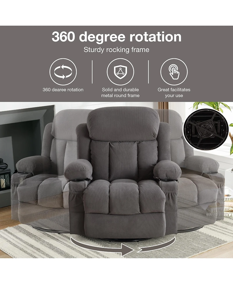 Swinging Recliner Massage Heated Sofa with Usb and 2 Cup Holders