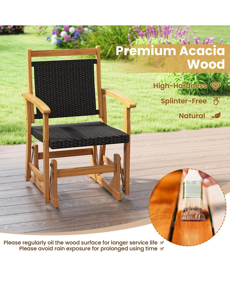 Gymax Patio Rattan Glider Chair with Acacia Wood Frame and Wicker Seat Back Armrests