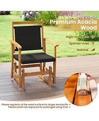 Gymax Patio Rattan Glider Chair with Acacia Wood Frame and Wicker Seat Back Armrests