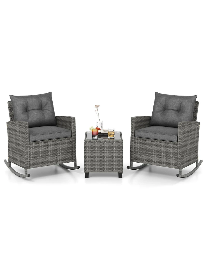 Slickblue Weather-Resistant 3-Piece Patio Rocking Chair Set with Cushions and Tempered Glass Table – Ideal for Outdoor Lounging