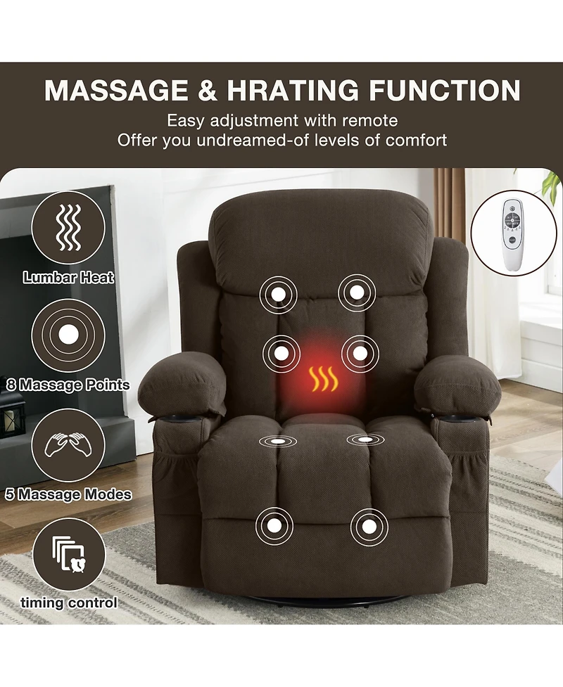 Swinging Recliner Massage Heated Sofa with Usb and 2 Cup Holders