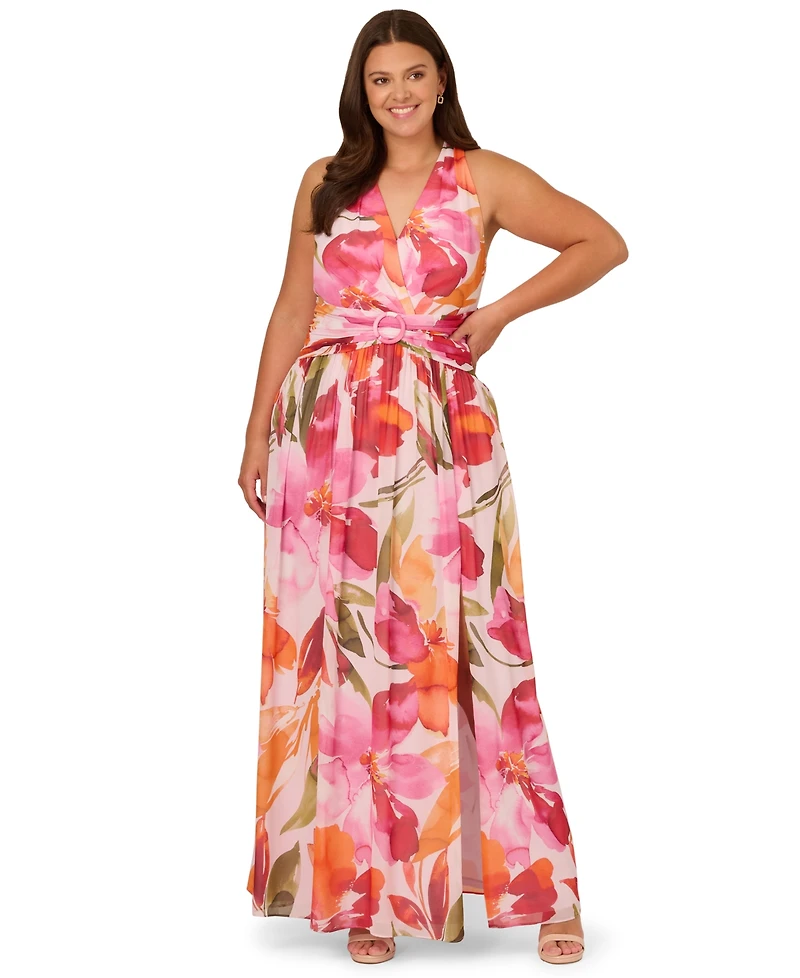 Adrianna Papell Plus Floral Chiffon Halter Maxi Dress