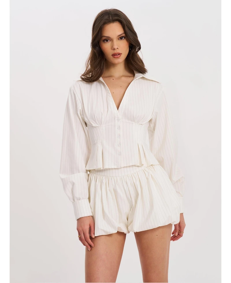 Miss Circle Women Sylvia White Pinstripe Deep V Pleated Shirt