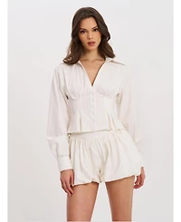 Miss Circle Women Sylvia White Pinstripe Deep V Pleated Shirt