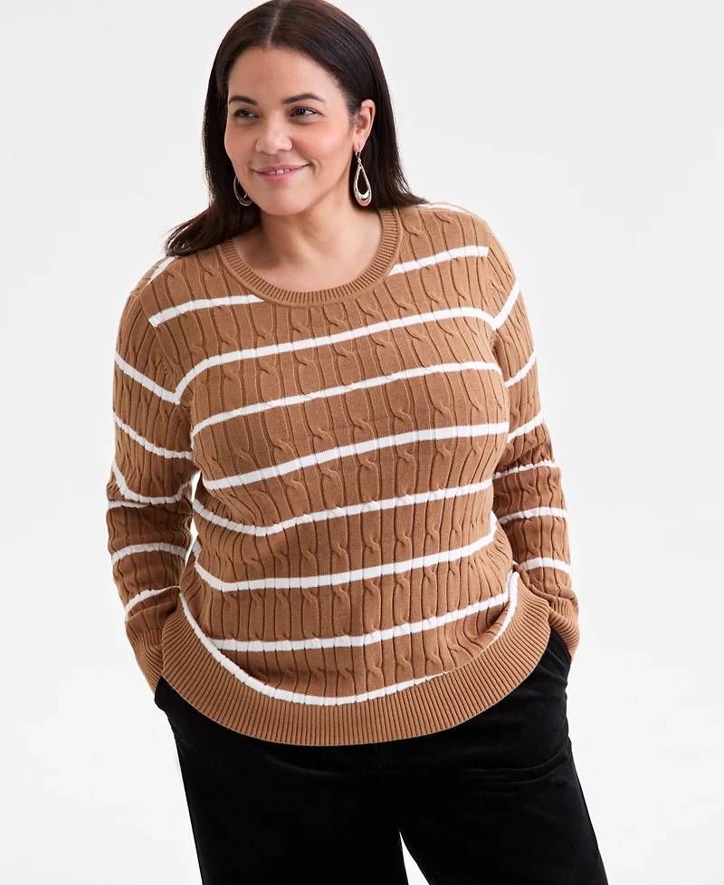 Style & Co Plus Cotton Cable-Knit Crewneck Stripe Sweater, Created for