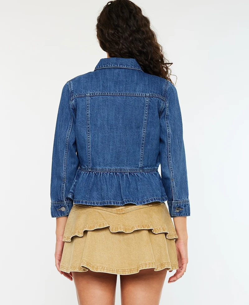 Kancan Women's Classic Fit Peplum Denim Collared Jacket