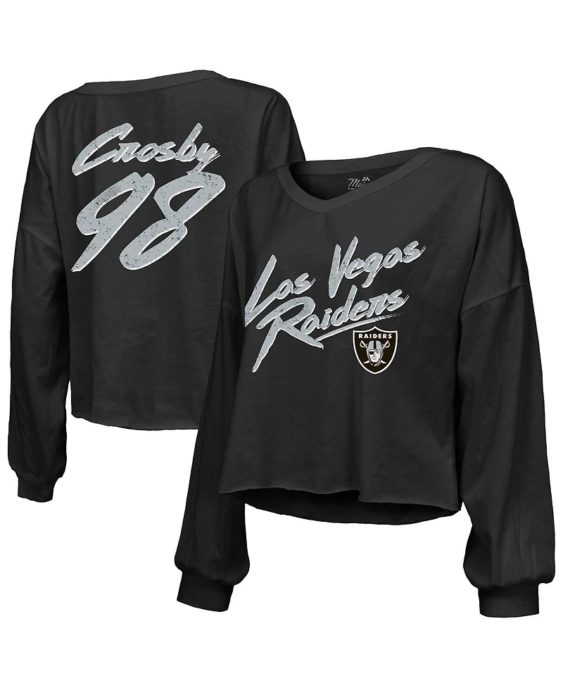 Majestic Women's Maxx Crosby Black Las Vegas Raiders Off-Shoulder Script Player Name Number Cropped Long Sleeve V-Neck T-Shirt