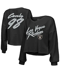 Majestic Women's Maxx Crosby Black Las Vegas Raiders Off-Shoulder Script Player Name Number Cropped Long Sleeve V-Neck T-Shirt