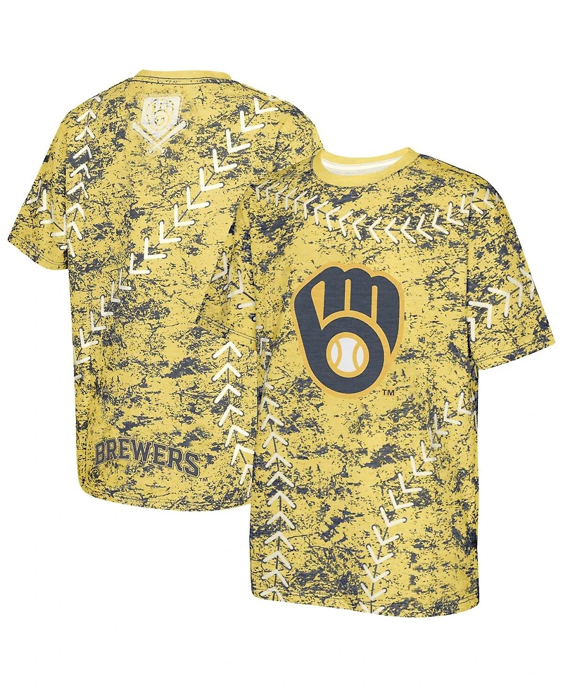 Outerstuff Big Boys and Girls Gold Milwaukee Brewers Slide Score Bold T-Shirt