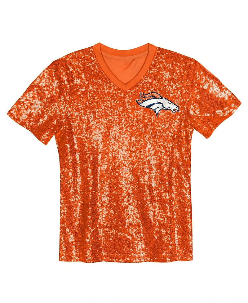 Outerstuff Big Girls Orange Denver Broncos Wordmark Sequin V-Neck Top