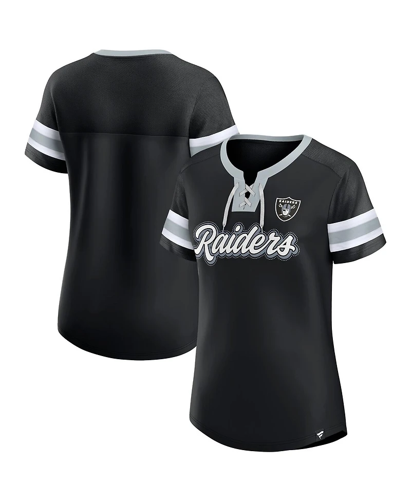 Fanatics Women's Black Las Vegas Raiders True Catch Iconic Rhinestone Bling Athena Lace-Up T-Shirt