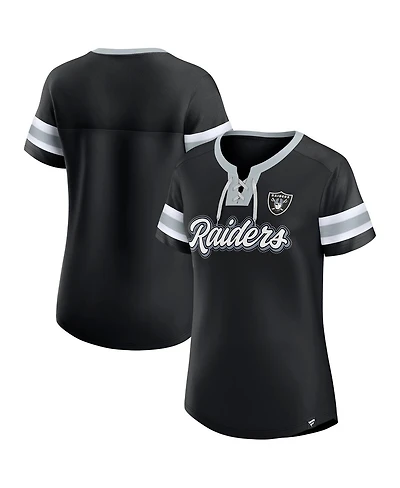 Fanatics Women's Black Las Vegas Raiders True Catch Iconic Rhinestone Bling Athena Lace-Up T-Shirt