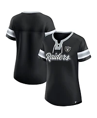 Fanatics Women's Black Las Vegas Raiders True Catch Iconic Rhinestone Bling Athena Lace-Up T-Shirt