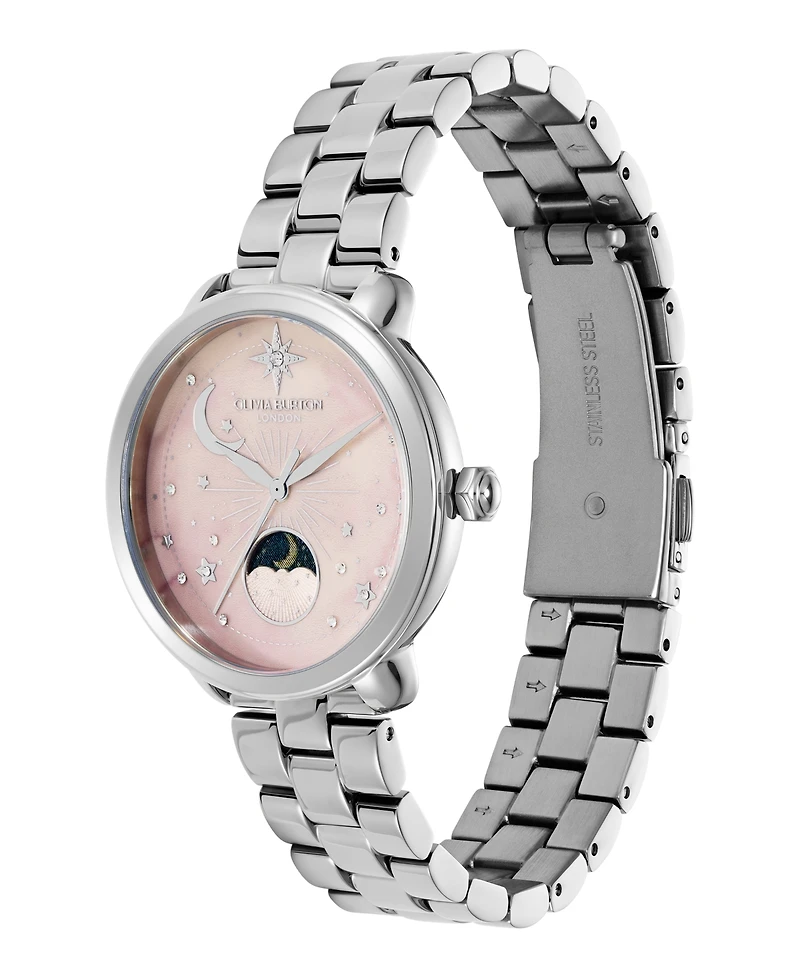 Olivia Burton Women's Moonphase Silver Tone Stainless Steel Bracelet Watch, 34mm