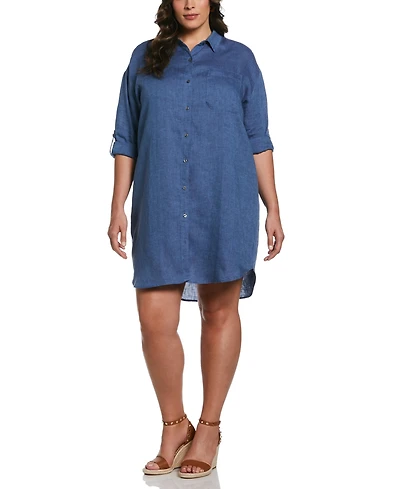 Rafaella Plus Roll Sleeve Linen Shirt Dress