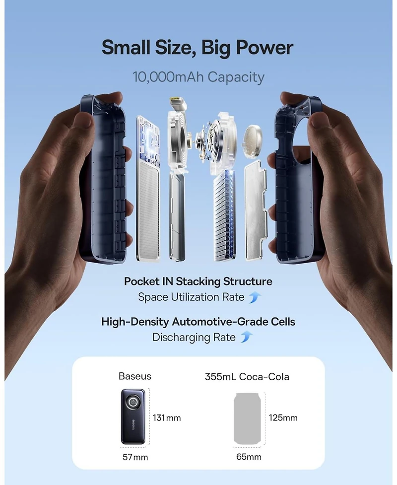 Baseus Enercore Power Bank, 10000mAh Fast Charging Portable Charger Built-in 45W Retractable Usb-c Cable, Battery Pack for iPhone 16/15, Samsung, iPad