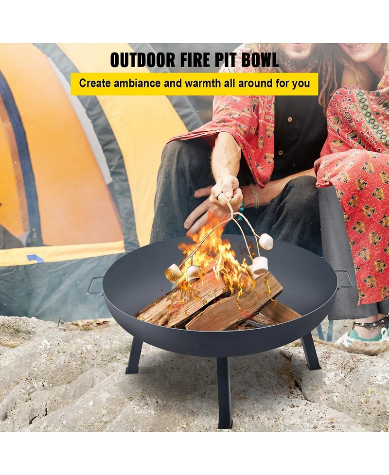 Slickblue Round Fire Pit Bowl Carbon Steel Wood Burning with Drain Hole and Handles