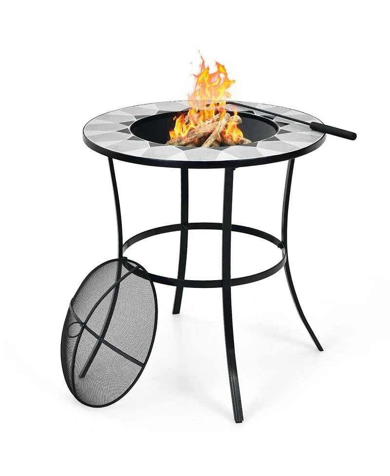 Mondawe 23.5" Round Steel Fire Pit Table with Mesh Cover & Poker, Black