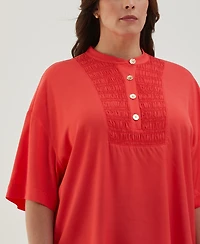 Ella Rafaella Plus Smocked Banded Collar Short Sleeve Top