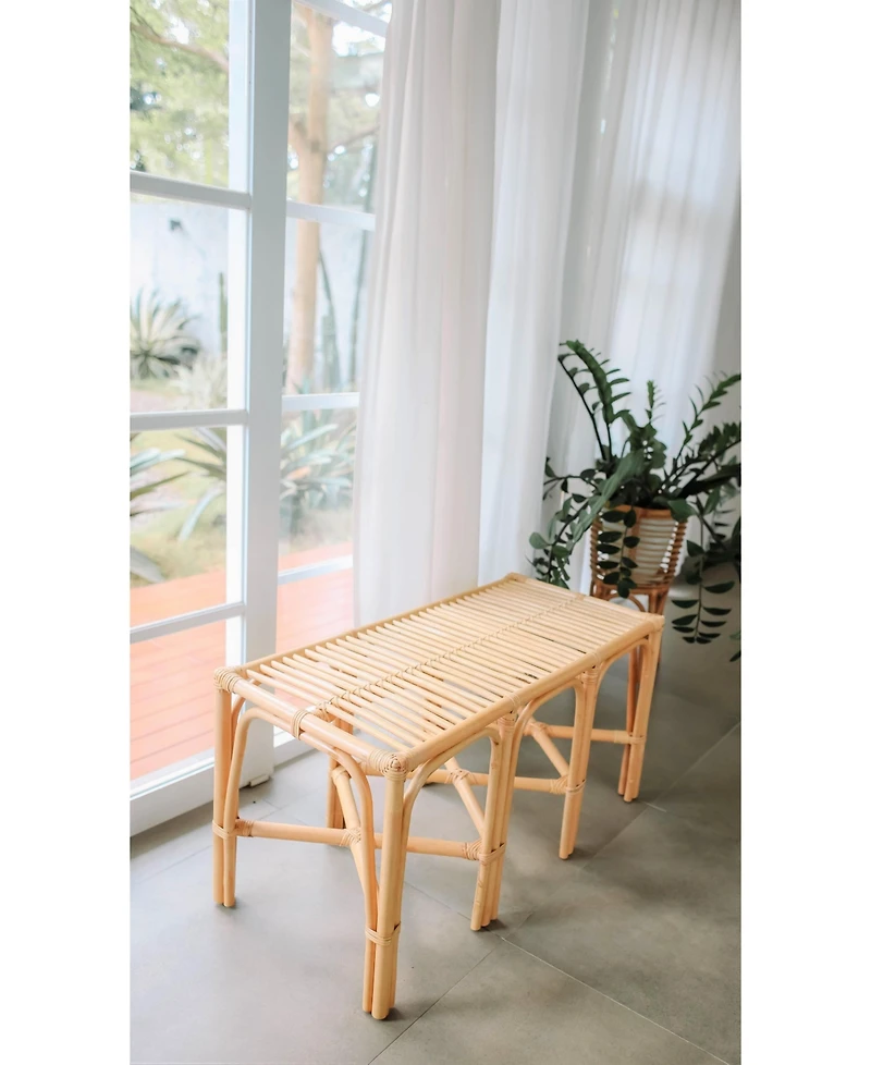 Nordlys - Natural Rattan and Beige Fabric Bench Exotic Boho Upholstery Entry