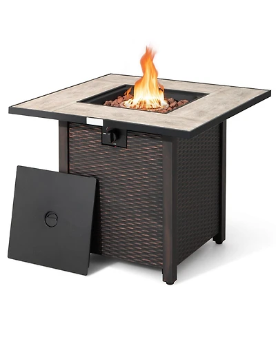 Mondawe 30" Square Fire Pit Table - 50K Btu, Ceramic Top & Rattan Design