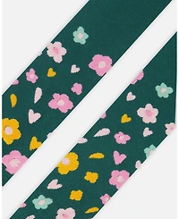 Deux par Girl Knit Tights Dark Green with Flower Motifs - Toddler|Child