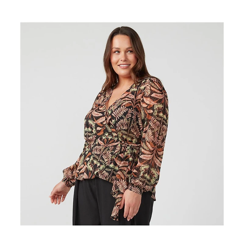Estelle Thalia Blooms Neutral Beige Floral Long Sleeve Wrap Top