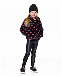 Deux par Girls Faux Fur Short Coat Black and Red with Hearts