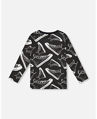 Deux par Little Boys Long Sleeve Cotton Allover Print Tee Black - Toddler|Child