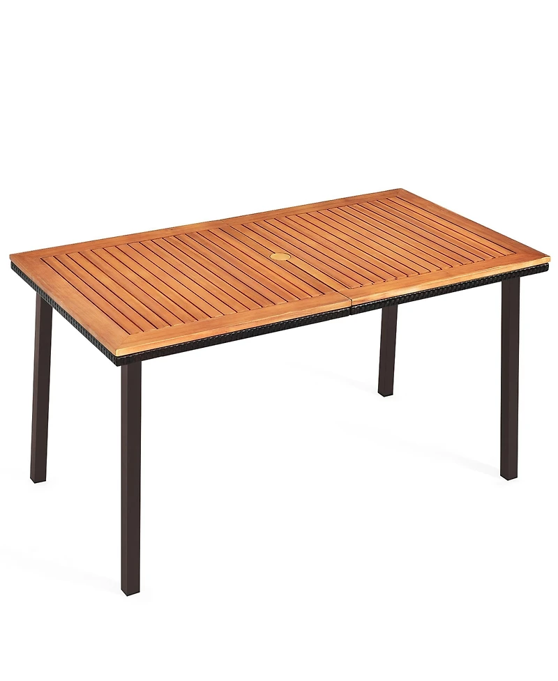 Gymax Rectangle Patio Outdoor Dining Table Acacia Wood Tabletop w/ 2'' Umbrella Hole