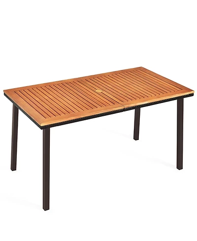 Gymax Rectangle Patio Outdoor Dining Table Acacia Wood Tabletop w/ 2'' Umbrella Hole