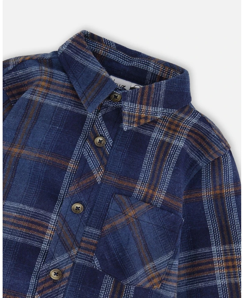 Deux par Big Boys Long Sleeve Flannel Shirt Blue and Brown Plaid