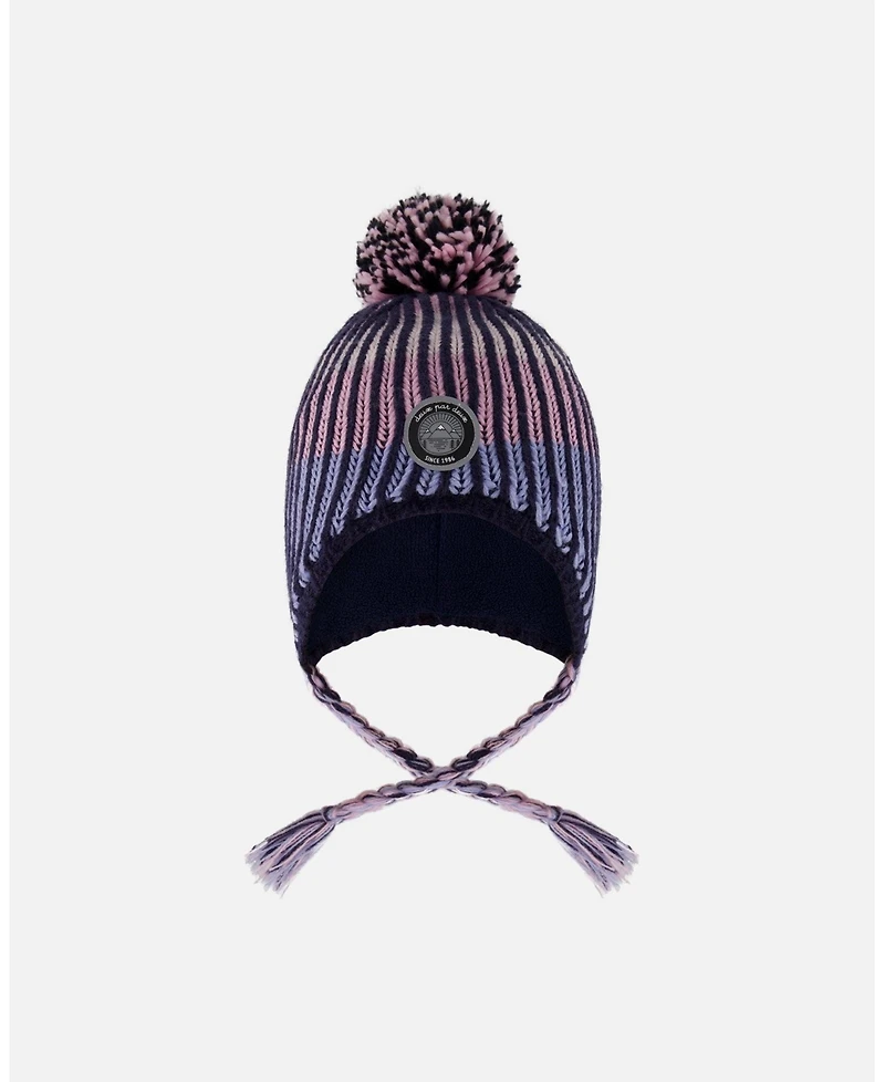 Deux par Girl Lined Peruvian Knit Pompom Hat Black and Purple - Toddler|Child