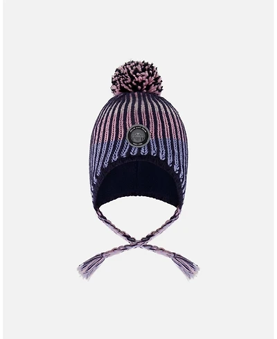 Deux par Girl Lined Peruvian Knit Pompom Hat Black and Purple - Toddler|Child