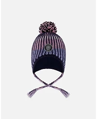 Deux par Girl Lined Peruvian Knit Pompom Hat Black and Purple - Toddler|Child
