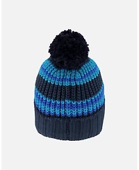 Deux par Boy Lined Knit Winter Hat with Pompom Black and Blue