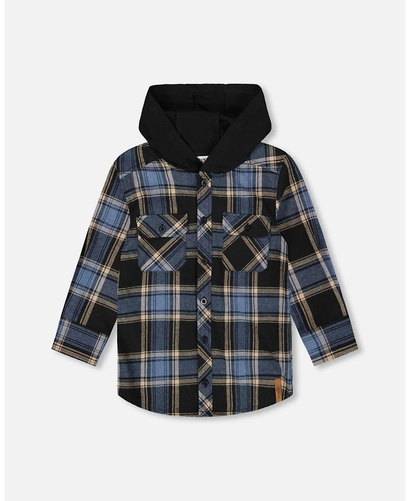 Deux par Boy Long Sleeve Hooded Flannel Shirt Blue and Black