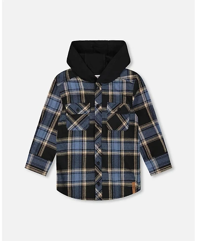 Deux par Boy Long Sleeve Hooded Flannel Shirt Blue and Black