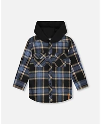 Deux par Boy Long Sleeve Hooded Flannel Shirt Blue and Black
