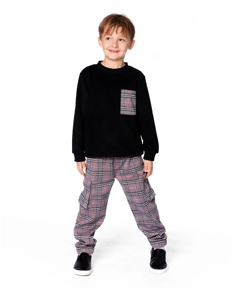 Deux par Big Boys Super Soft Brushed Jersey Long Sleeve Top Black with Plaid Pocket