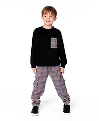 Deux par Big Boys Super Soft Brushed Jersey Long Sleeve Top Black with Plaid Pocket