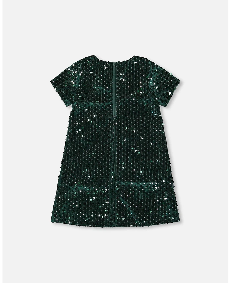 Deux par Girl Velvet Short Sleeve Dress for est Green - Child