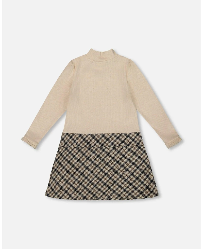 Deux par Girl Long Sleeve Bi-Material Mock Neck Dress Beige and Plaid