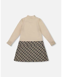 Deux par Girl Long Sleeve Bi-Material Mock Neck Dress Beige and Plaid