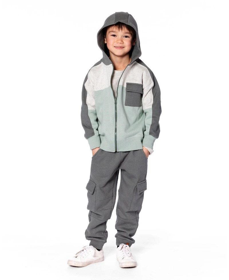 Deux par Boy Full Zip Fleece Color Block Sweatshirt Green Gray - Toddler|Child