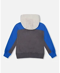 Deux par Baby Boy Color Blocked Zip Front Fleece Hoodie Dark Gray