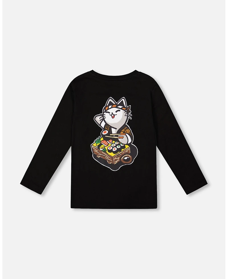 Deux par Toddler Boys Long Sleeve Jersey Tee Shirt Black with Print Back & Front - Toddler|Child